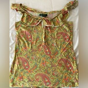 Women’s Ralph Lauren Paisley Green and Pink Ruffle Cotton Tank